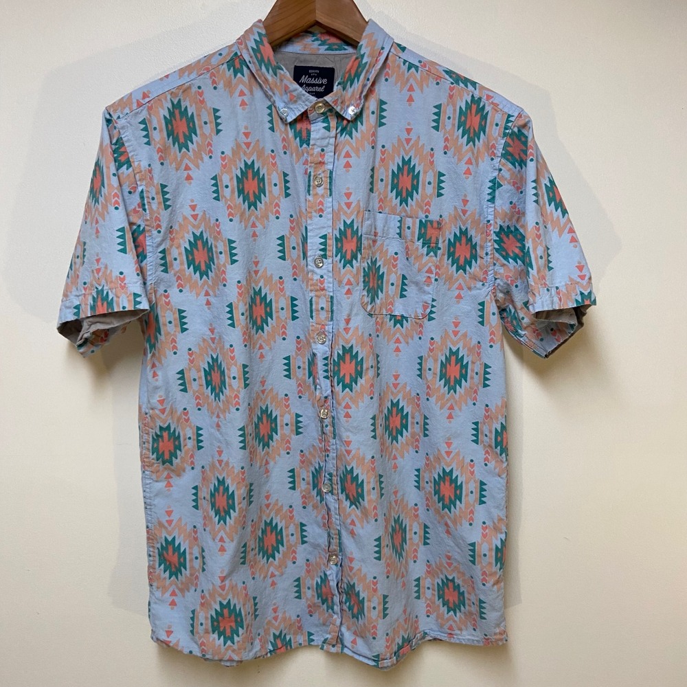 Massive Apparel Button Down Men Large Blue Aztec Geometric Short Sleeve Shirt